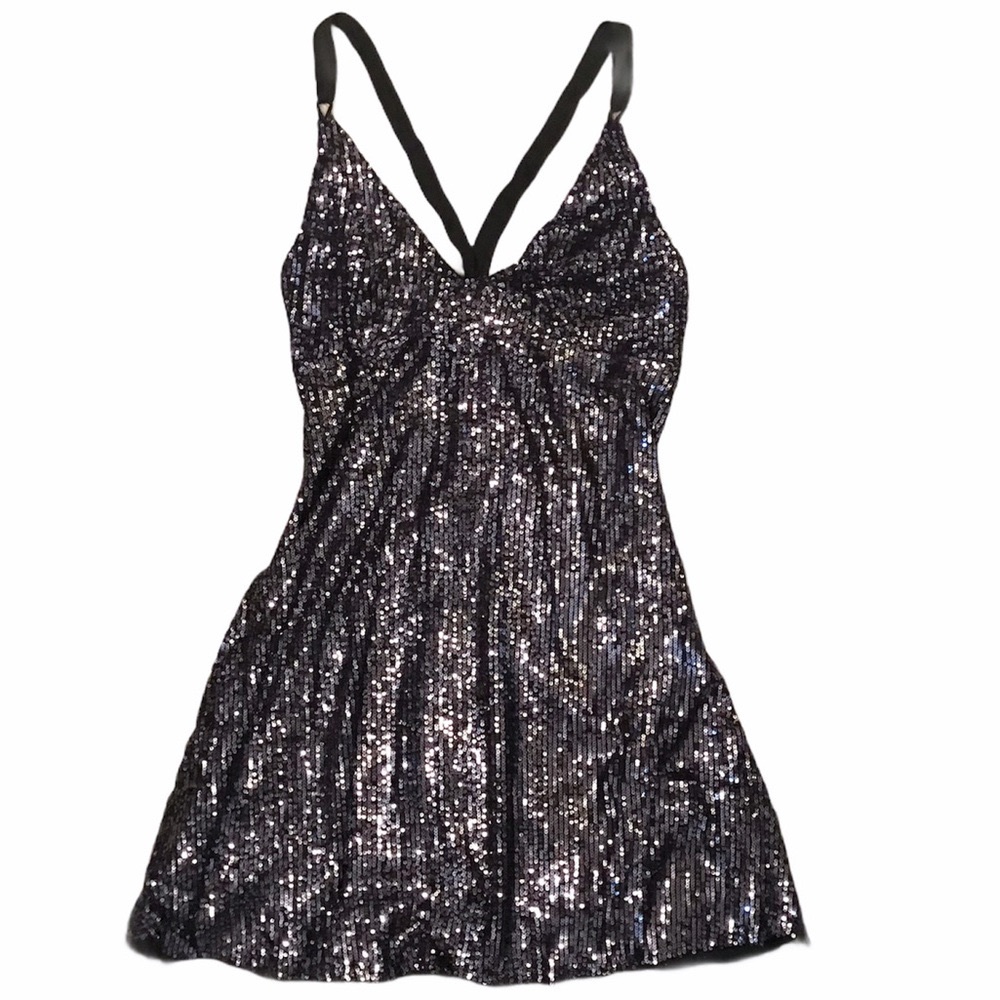 FREE PEOPLE Gold Rush Mini Sequin Black Dress LRG - Picture 9 of 9